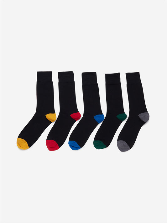 WES Lounge Black Full-Length Socks Pack of Five Front View - Westside