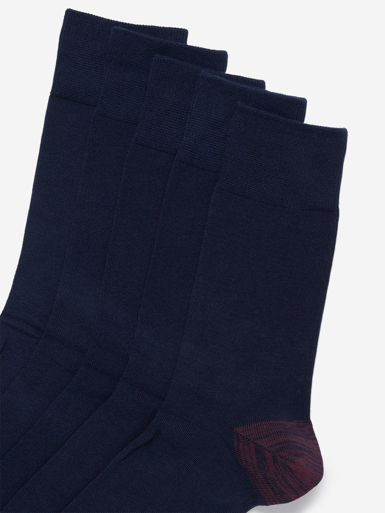 WES Lounge Navy Full-Length Socks Set of Five Close Up View 