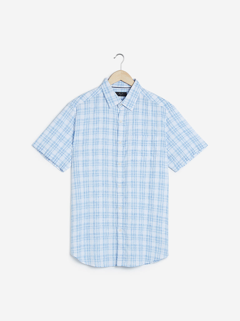 WES Casuals Blue Slim Fit Check Pattern Shirt