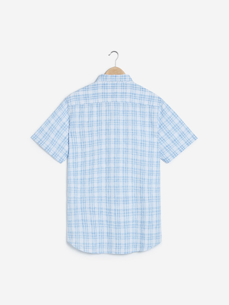 WES Casuals Blue Slim Fit Check Pattern Shirt