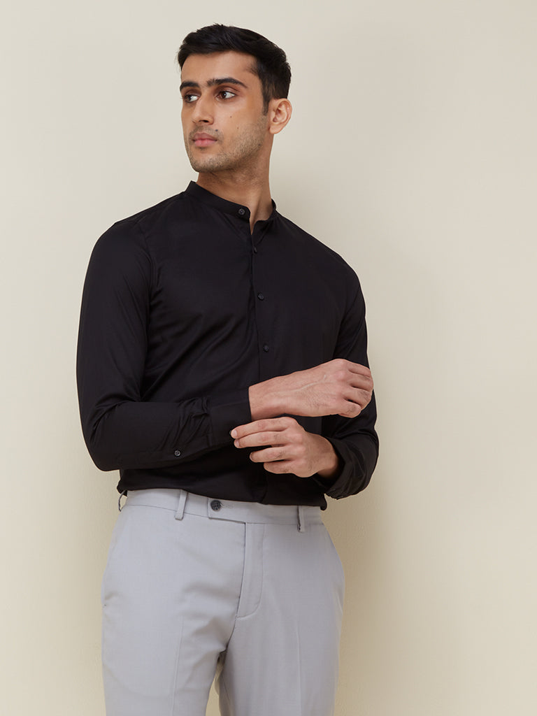 WES Formals Black Ultra Slim Fit Band Neck Shirt Front View