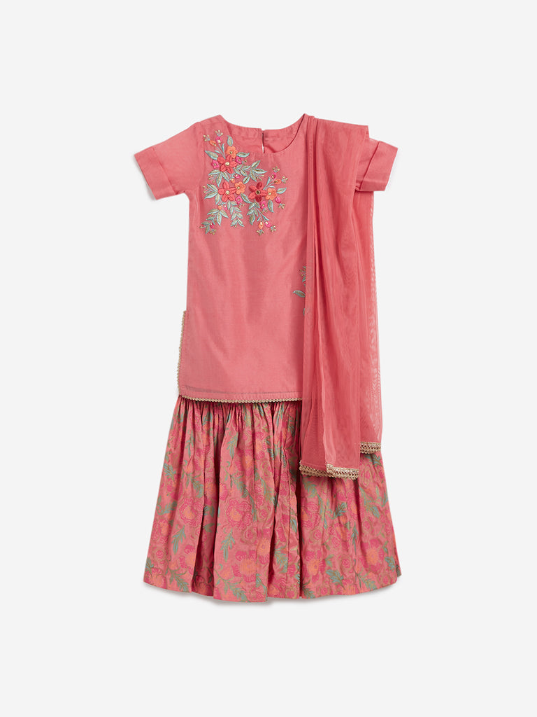 Utsa Kids Dark Pink Floral Kurta and Sharara Set