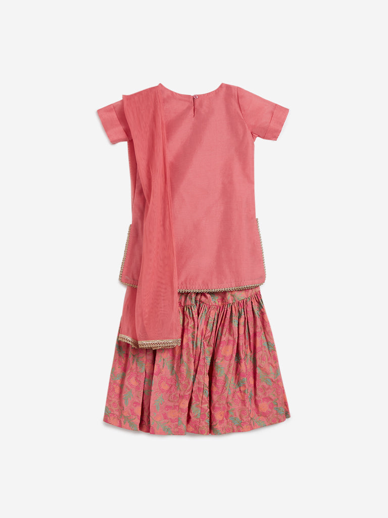 Utsa Kids Dark Pink Floral Kurta and Sharara Set