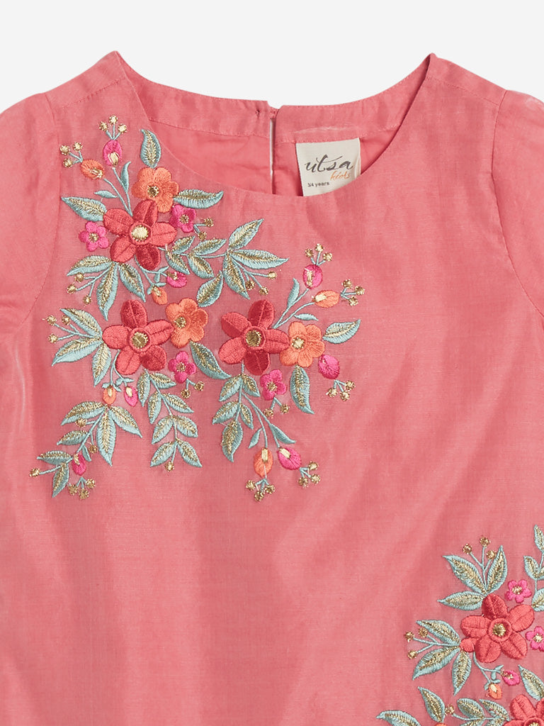 Utsa Kids Dark Pink Floral Kurta and Sharara Set