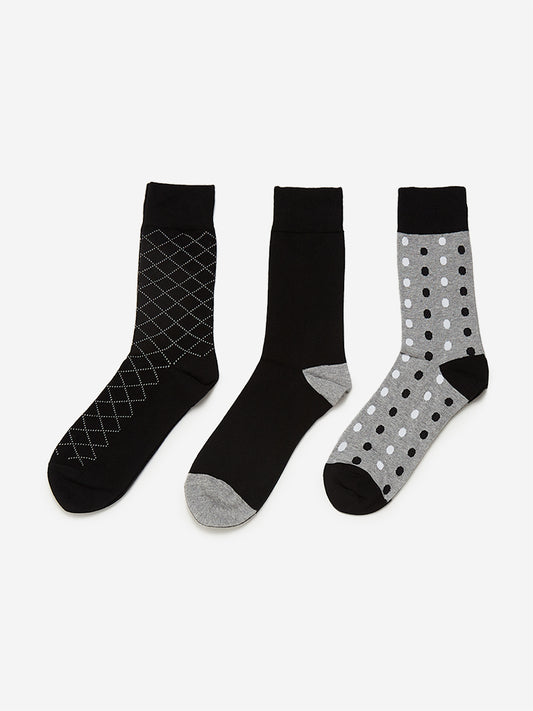 WES Lounge Black Full Length Socks Set of Three Front View - Westside