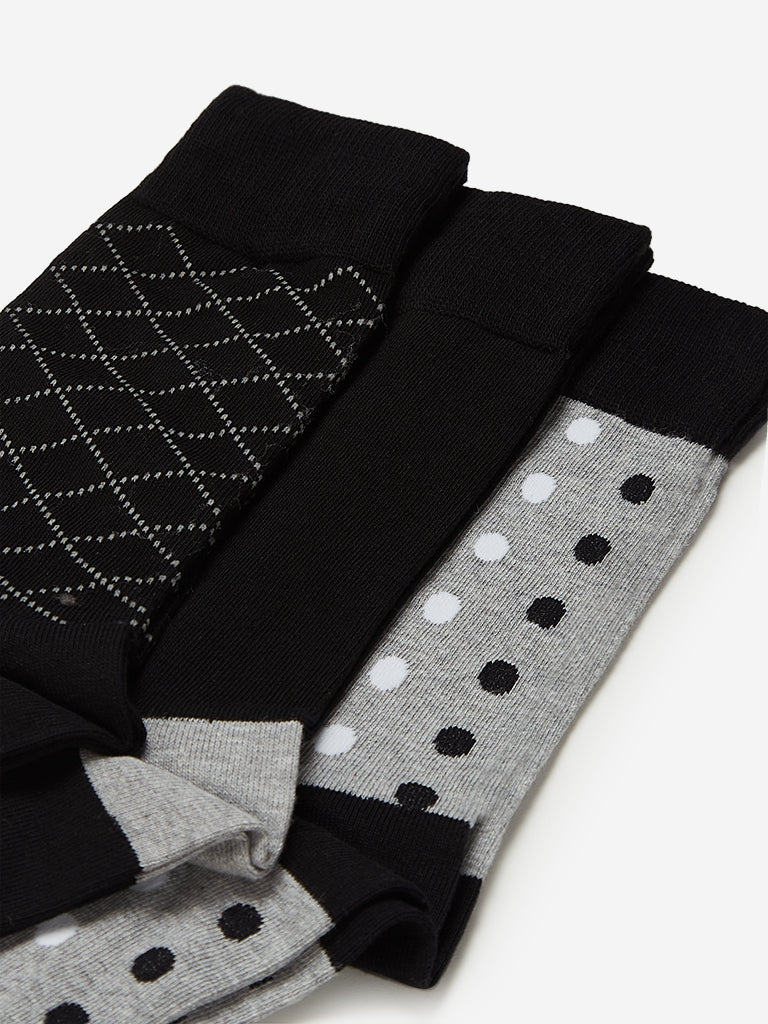 WES Lounge Black Full Length Socks Set of Three Close Up View 