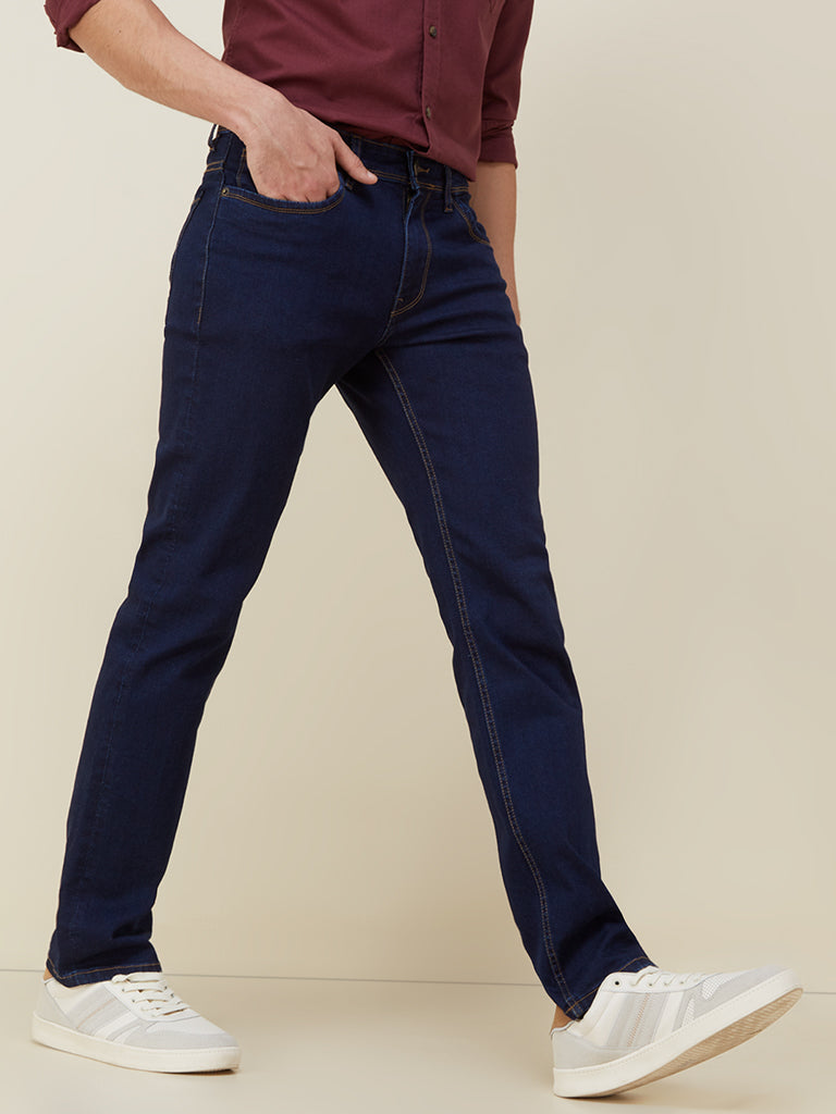 WES Casuals Dark Blue Relaxed Fit Jeans | Dark Blue Relaxed Fit Jeans | Dark Blue Relaxed Fit Jeans for Men Front View - Westside