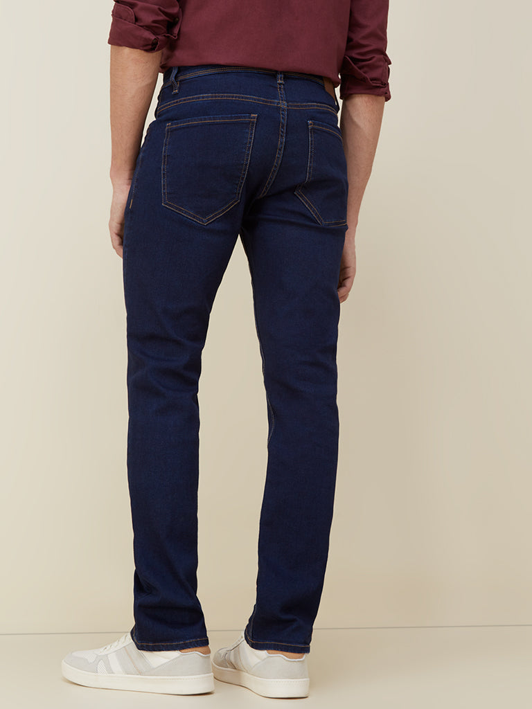 WES Casuals Dark Blue Relaxed Fit Jeans | Dark Blue Relaxed Fit Jeans for Men Back View - Westside