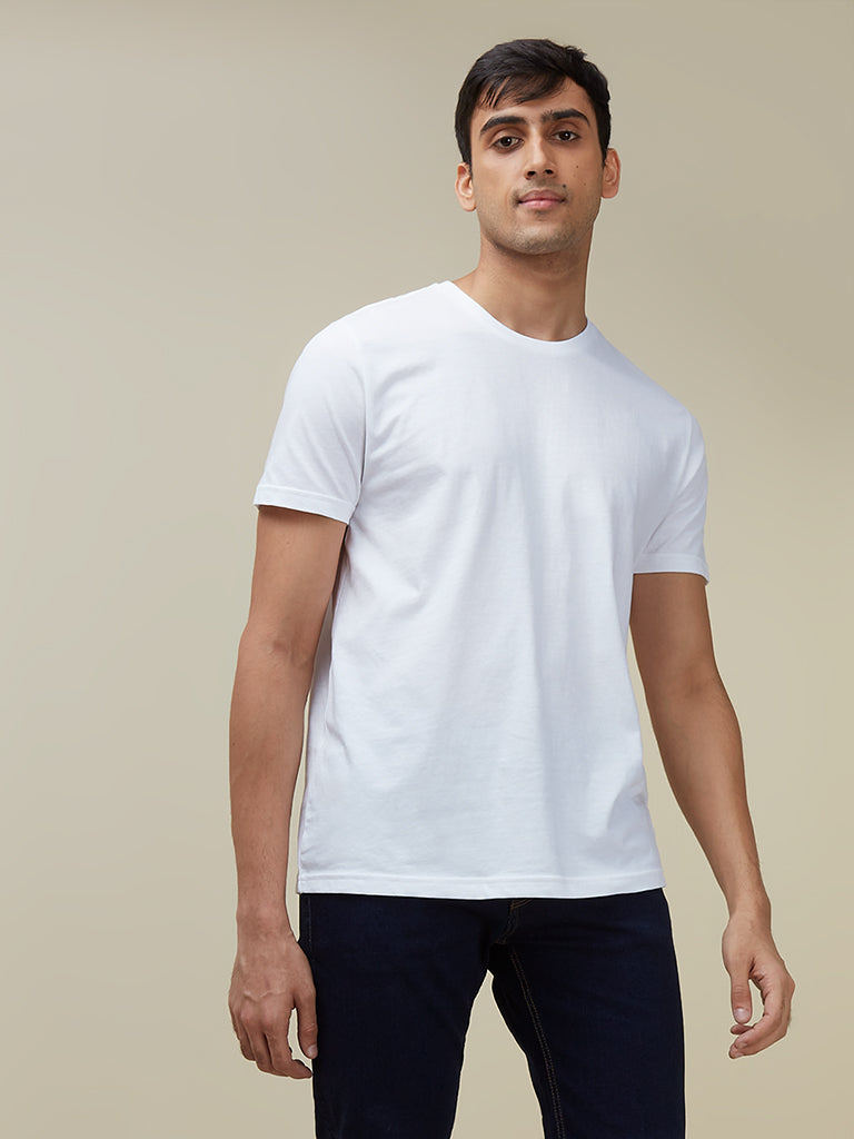 WES Casuals White Eco-Save Slim Fit T-Shirt | White Eco-Save Slim Fit T-Shirt for Men Front View - Westside