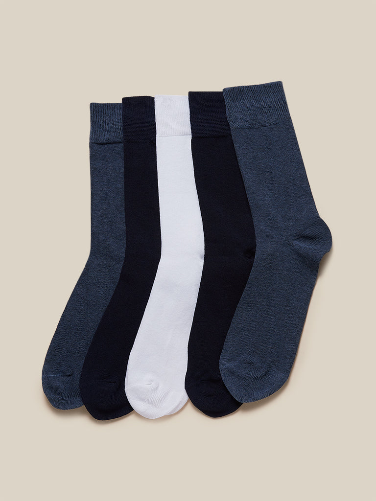 WES Lounge Blue Full-Length Socks Pack of Five Front View - Westside