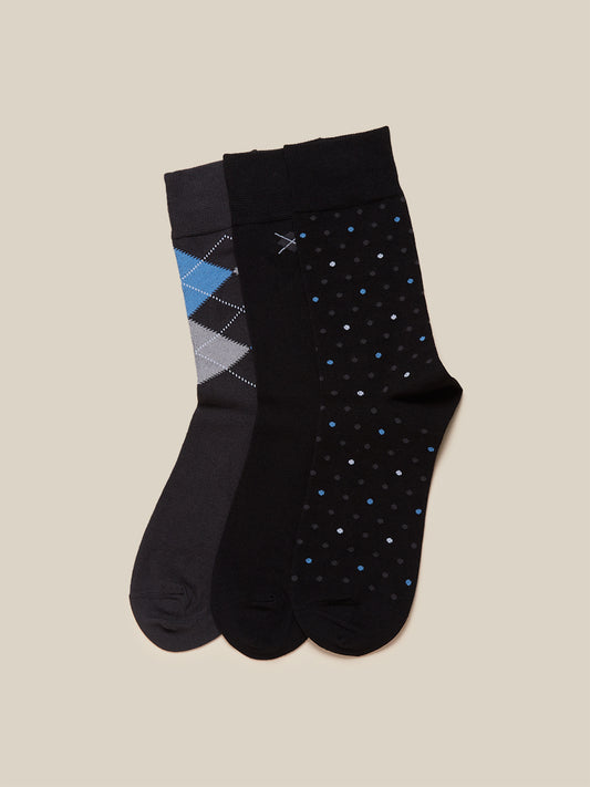 WES Lounge Black Full-Length Socks Pack of Three Front View - Westside