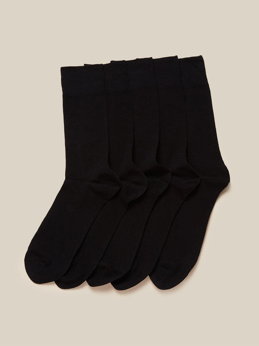 WES Lounge Black Full-Length Socks Pack of Five Front View - Westside