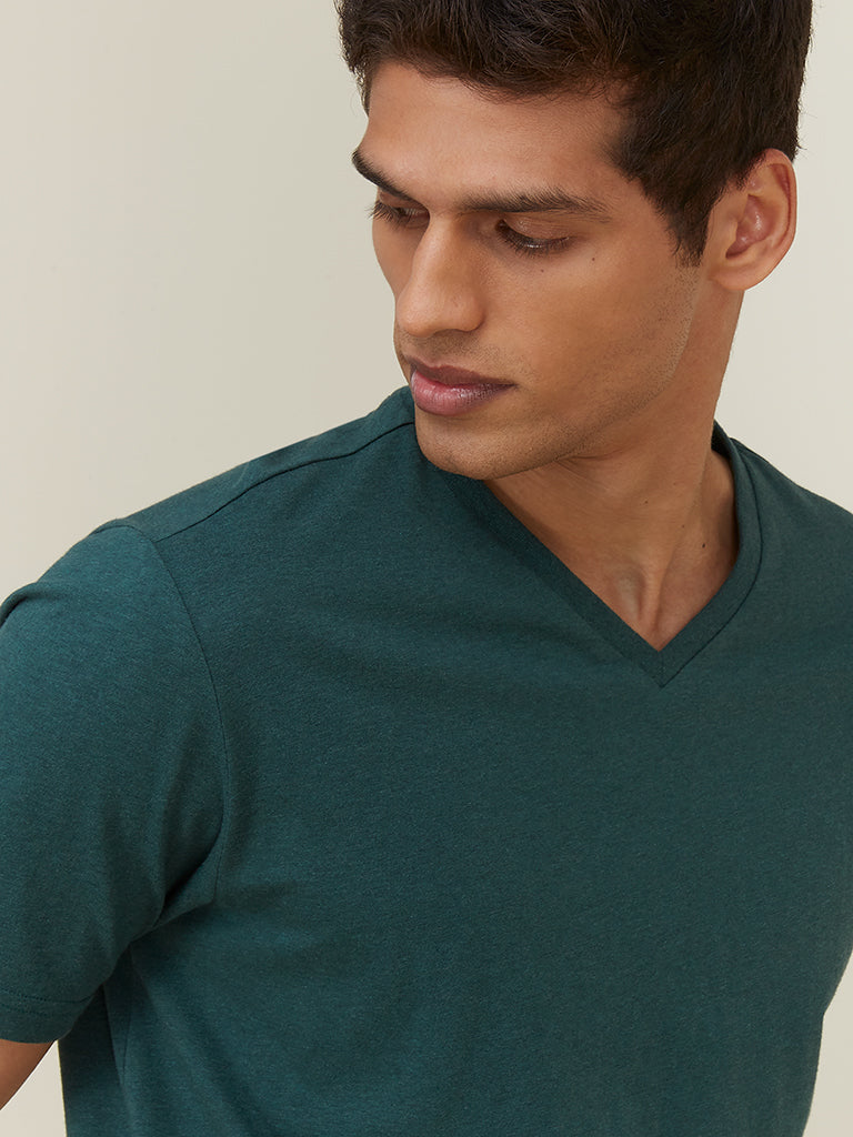 WES Casuals Green Melange Slim Fit T-Shirt | Green Melange Slim Fit T-Shirt for Men Front View - Westside