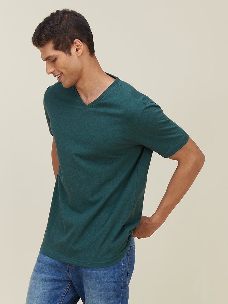WES Casuals Green Melange Slim Fit T-Shirt | Green Melange Slim Fit T-Shirt for Men Front View - Westside