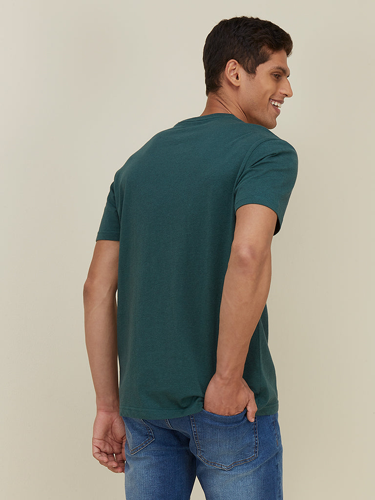 WES Casuals Green Melange Slim Fit T-Shirt | Green Melange Slim Fit T-Shirt for Men Back View - Westside