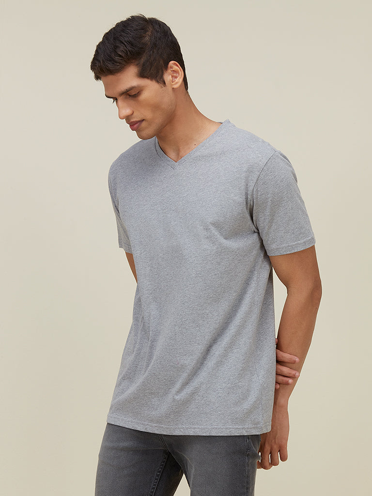 WES Casuals Grey Melange Slim Fit T-Shirt | Grey Melange Slim Fit T-Shirt for Men Front View - Westside