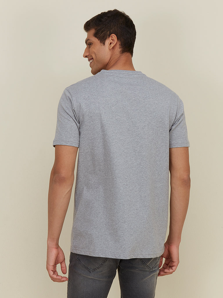 WES Casuals Grey Melange Slim Fit T-Shirt | Grey Melange Slim Fit T-Shirt for Men Back View - Westside