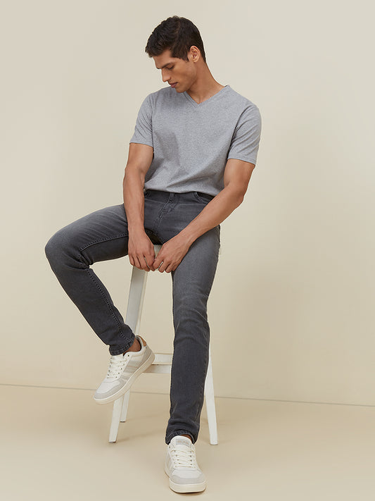 WES Casuals Grey Melange Slim Fit T-Shirt | Grey Melange Slim Fit T-Shirt for Men Full View - Westside