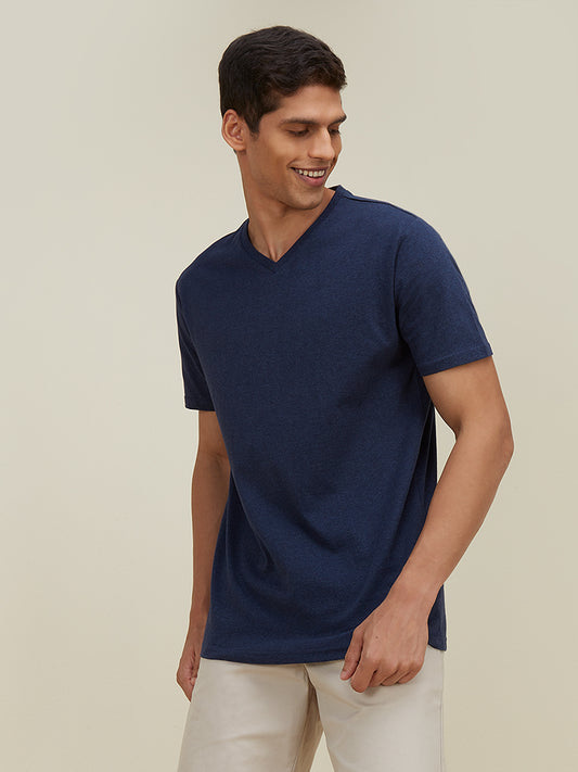 WES Casuals Navy Melange Slim Fit T-Shirt | Navy Melange Slim Fit T-Shirt for Men Front View - Westside