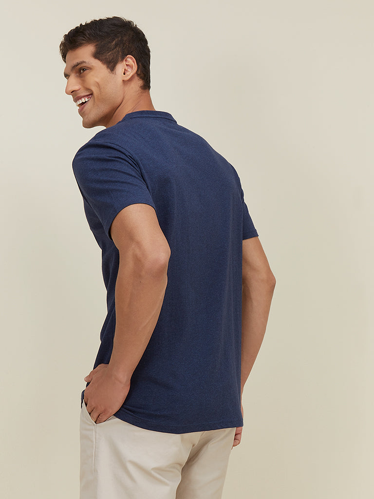 WES Casuals Navy Melange Slim Fit T-Shirt | Navy Melange Slim Fit T-Shirt for Men Back View - Westside