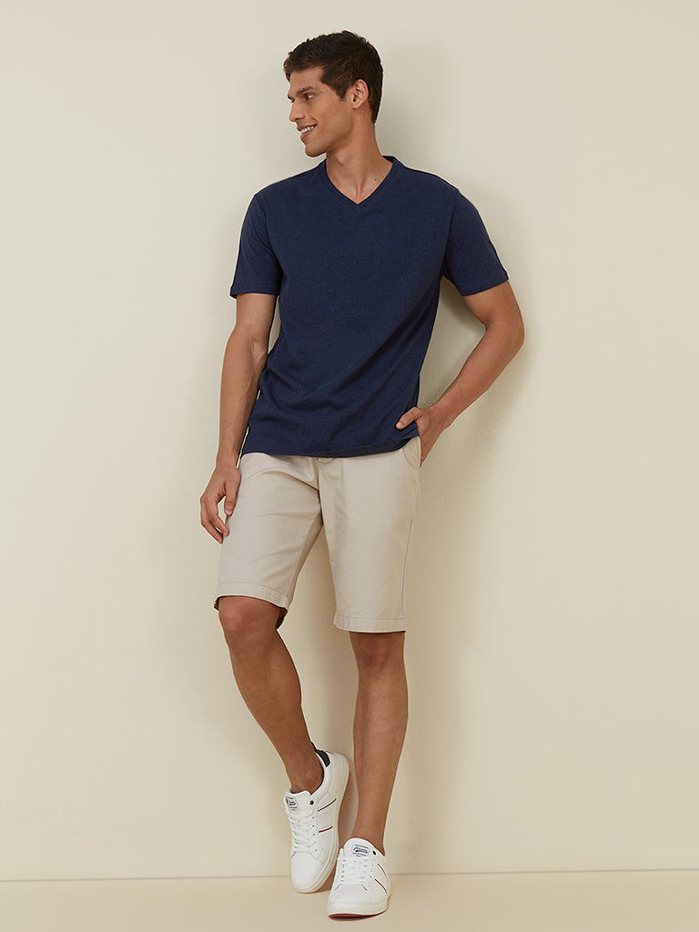 WES Casuals Navy Melange Slim Fit T-Shirt | Navy Melange Slim Fit T-Shirt for Men Full View - Westside