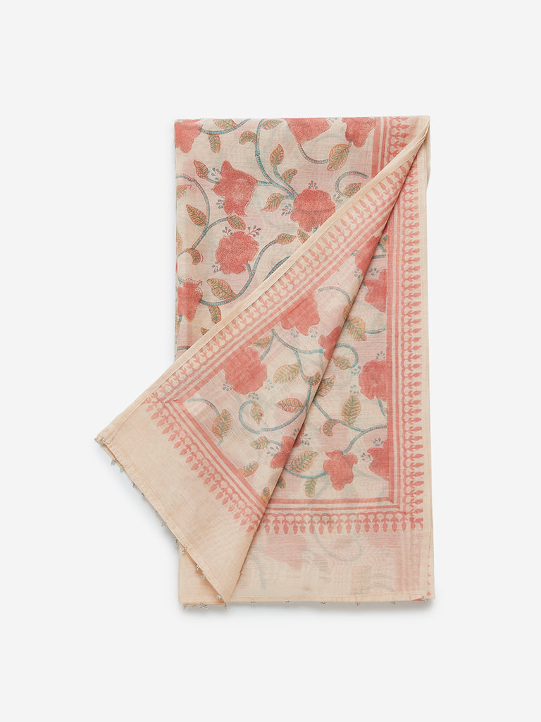 Zuba Peach Printed Cotton-silk Stole | Peach Printed Cotton-silk Stole for women full view - Westside