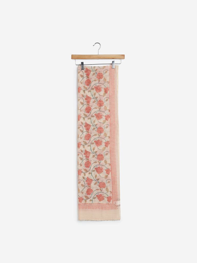 Zuba Peach Printed Cotton-silk Stole | Peach Printed Cotton-silk Stole for women full view - Westside