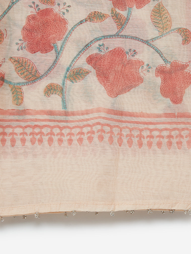 Zuba Peach Printed Cotton-silk Stole | Peach Printed Cotton-silk Stole for women close up view - Westside