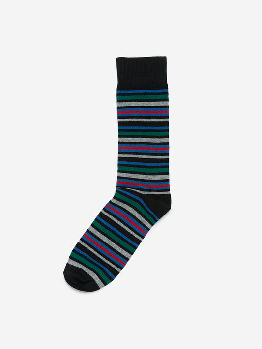 WES Lounge Black Striped Full-Length Socks Front View - Westside