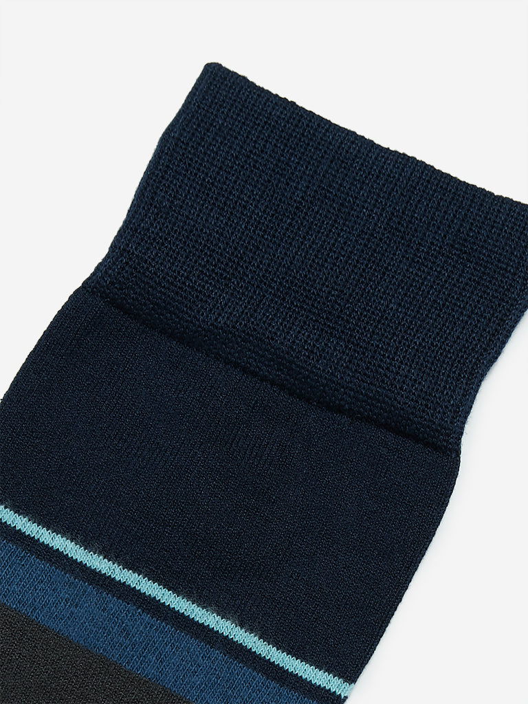 WES Lounge Navy Stripe Print Full-Length Socks Close Up View 