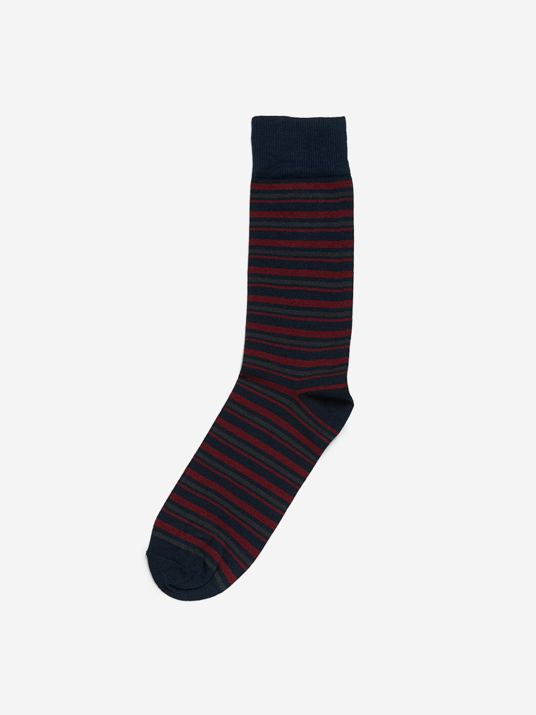 WES Lounge Navy Stripe Premium Full-Length Socks Front View - Westside