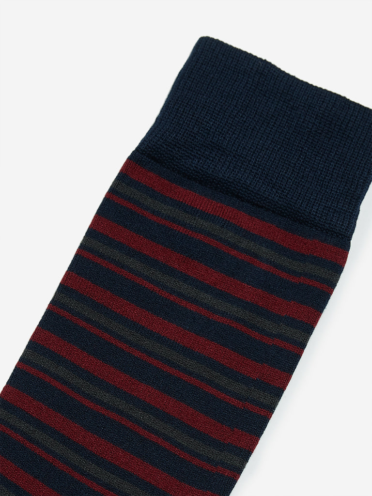 WES Lounge Navy Stripe Premium Full-Length Socks Close Up View 