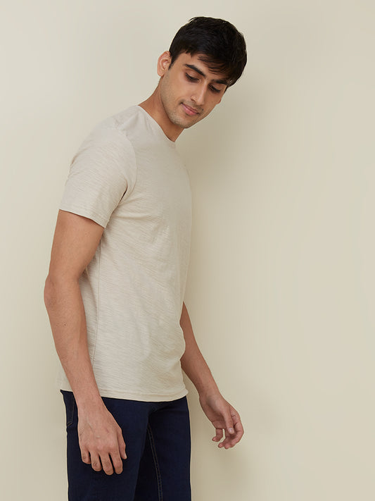 WES Casuals Taupe Slim-Fit Pure-Cotton T-Shirt | Taupe Slim-Fit Pure-Cotton T-Shirt for Men Front View - Westside