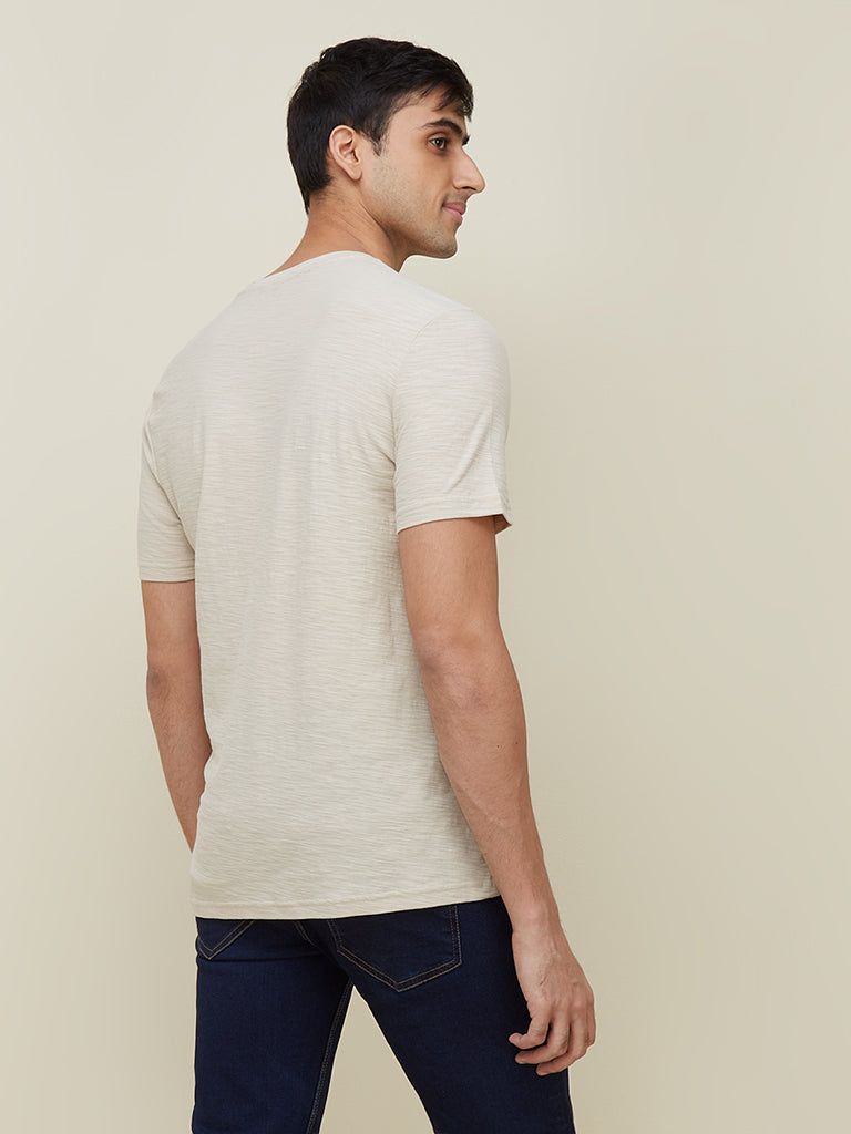WES Casuals Taupe Slim-Fit Pure-Cotton T-Shirt | Taupe Slim-Fit Pure-Cotton T-Shirt for Men Back View - Westside