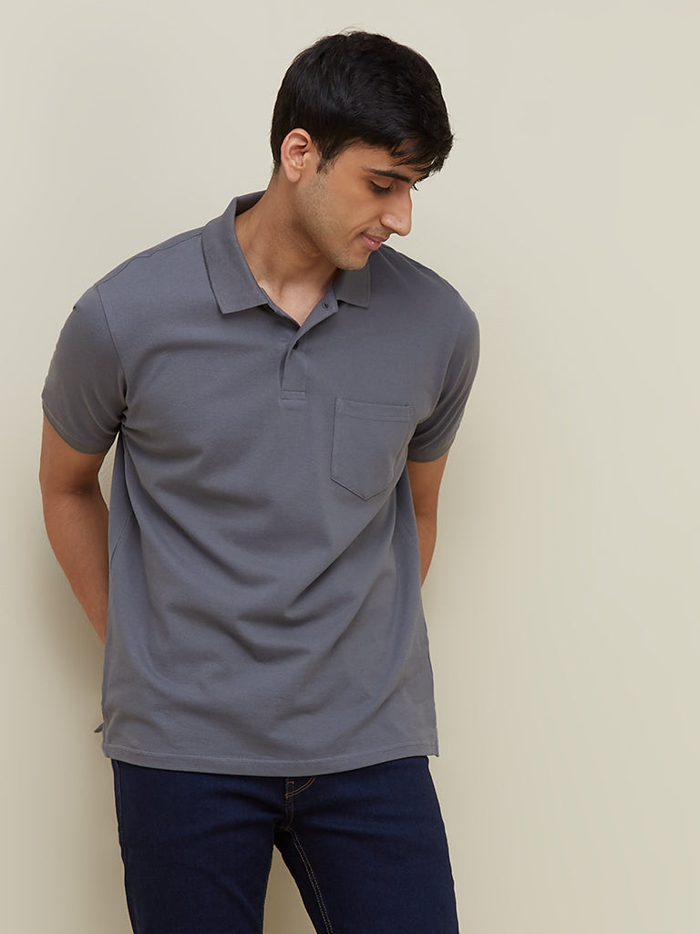 WES Casuals Grey Relaxed Fit Polo T-Shirt