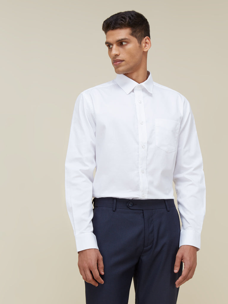  WES Formals White Self-Patterned Slim Fit Shirt Front View