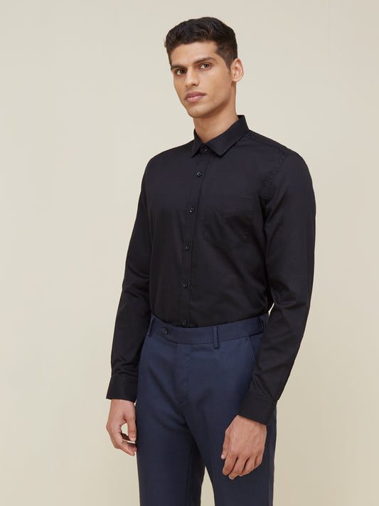 WES Formals Black Self-Patterned Slim Fit Shirt Front View