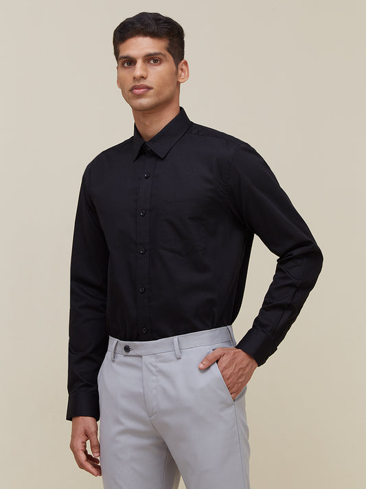 WES Formals Black Self-Texture Relaxed Fit Shirt Front View