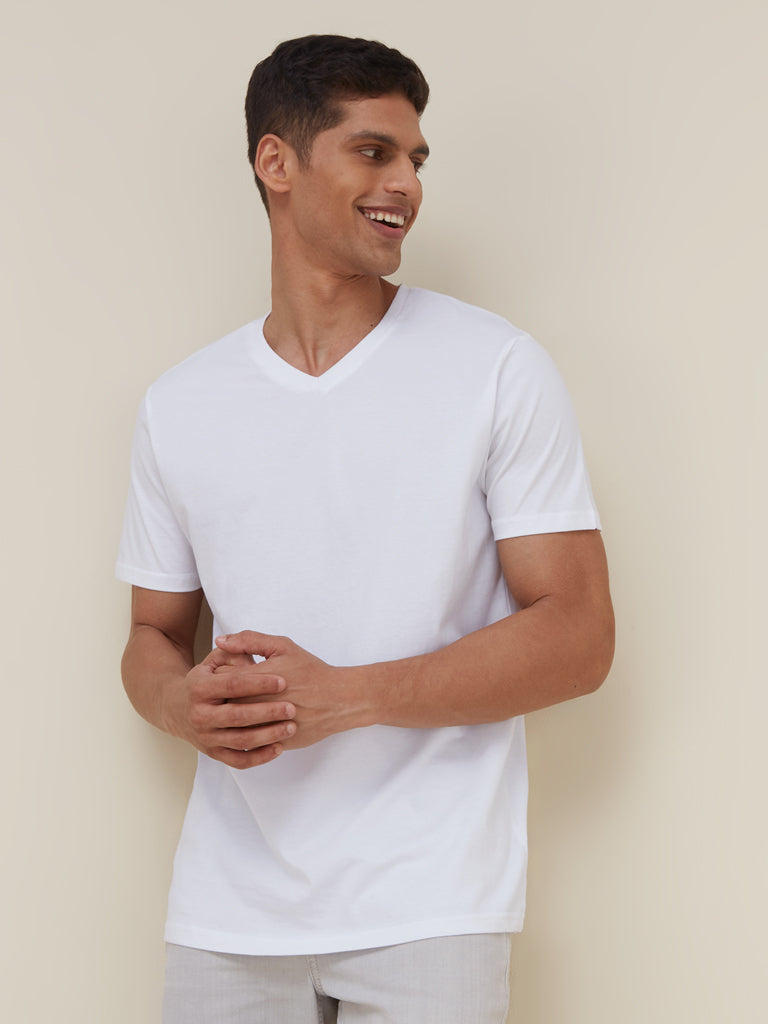 WES Casuals White Slim Fit T-Shirt | White Slim Fit T-Shirt for Men Front View - Westside
