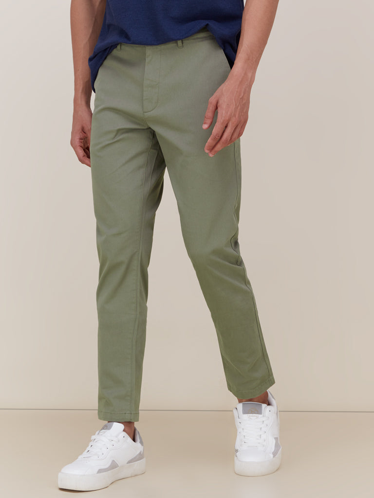 WES Casuals Light Olive Slim-Fit Chinos | Light Olive Slim-Fit Chinos for Men Front View - Westside