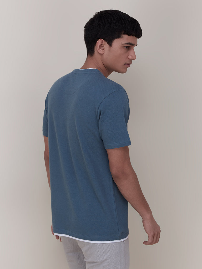 ETA Navy Textured Slim-Fit T-Shirt | ETA Navy Textured Slim-Fit T-Shirt for Men Back View - Westside