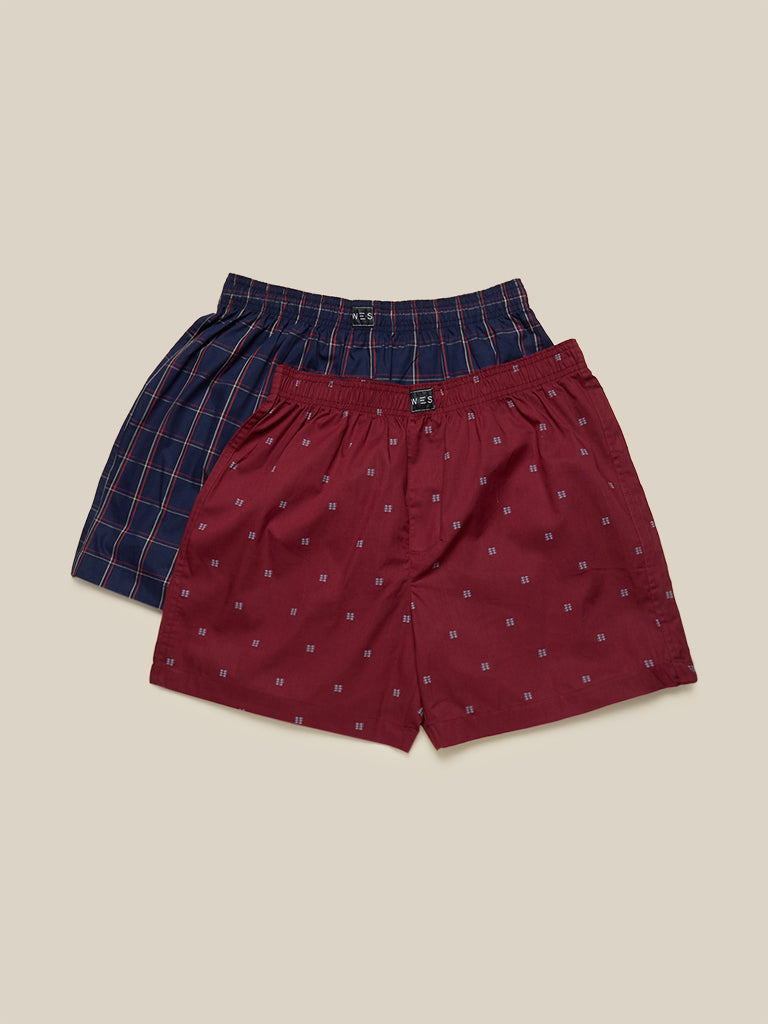 WES Lounge Maroon Relaxed-Fit Boxers Set of Two Front View - Westside