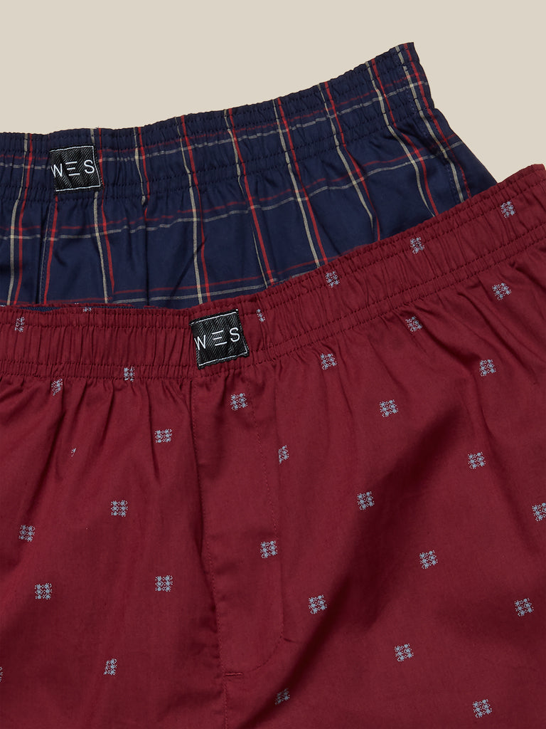 WES Lounge Maroon Relaxed-Fit Boxers Set of Two Close Up View 