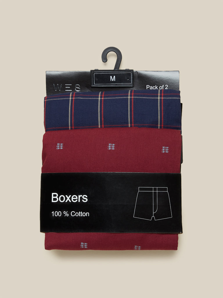 WES Lounge Maroon Relaxed-Fit Boxers Set of Two Product View 