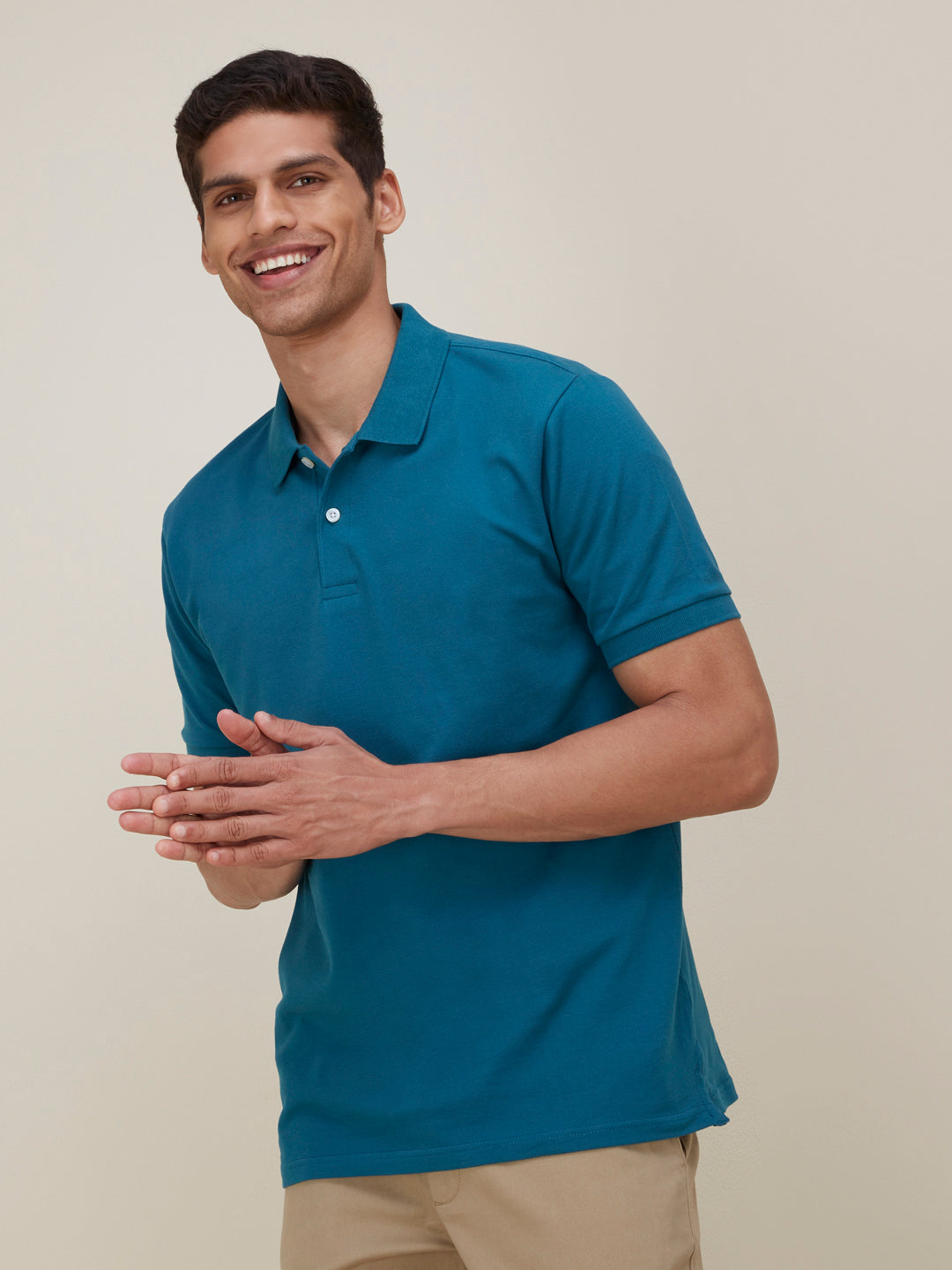 WES Casuals Teal Slim-Fit Polo T-Shirt | Teal Slim-Fit Polo T-Shirt for Men Front View - Westside