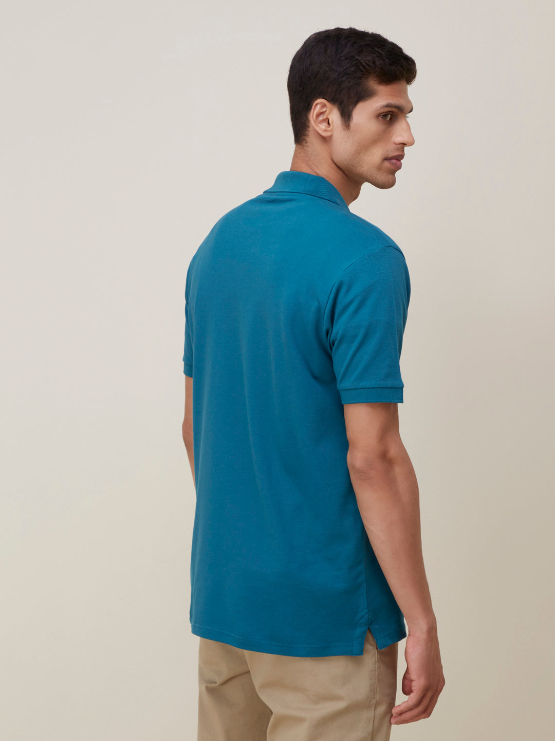 WES Casuals Teal Slim-Fit Polo T-Shirt | Teal Slim-Fit Polo T-Shirt for Men Back View - Westside