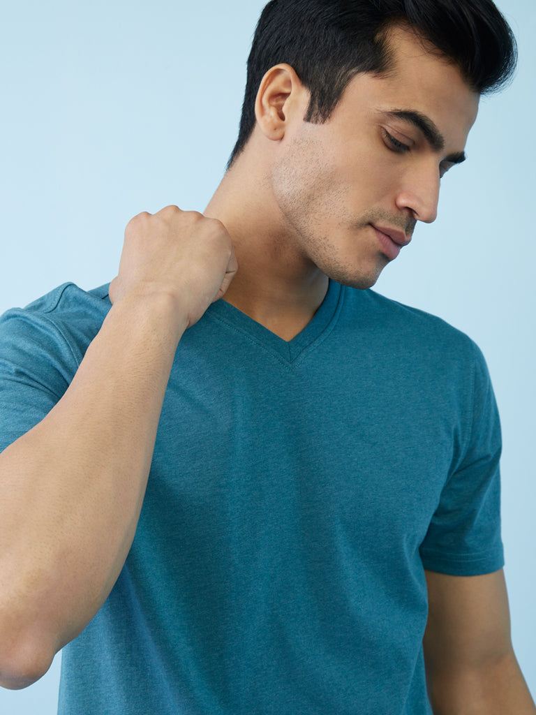 WES Casuals Teal Melange Slim-Fit T-Shirt | Teal Melange Slim-Fit T-Shirt | Teal Melange Slim-Fit T-Shirt for Men Close Up View - Westside