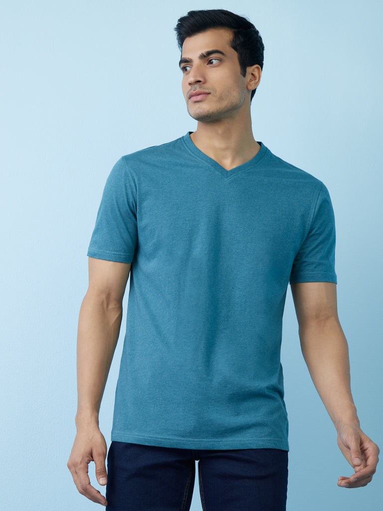 WES Casuals Teal Melange Slim-Fit T-Shirt | Teal Melange Slim-Fit T-Shirt for Men Front View - Westside