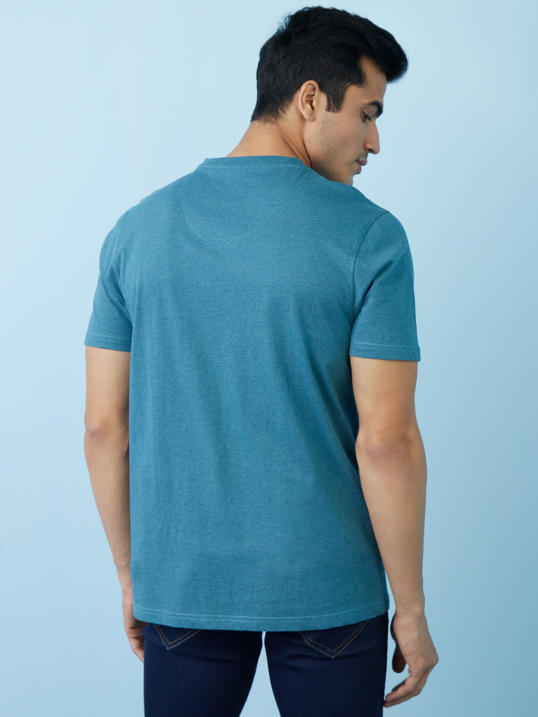 WES Casuals Teal Melange Slim-Fit T-Shirt | Teal Melange Slim-Fit T-Shirt for Men Back View - Westside