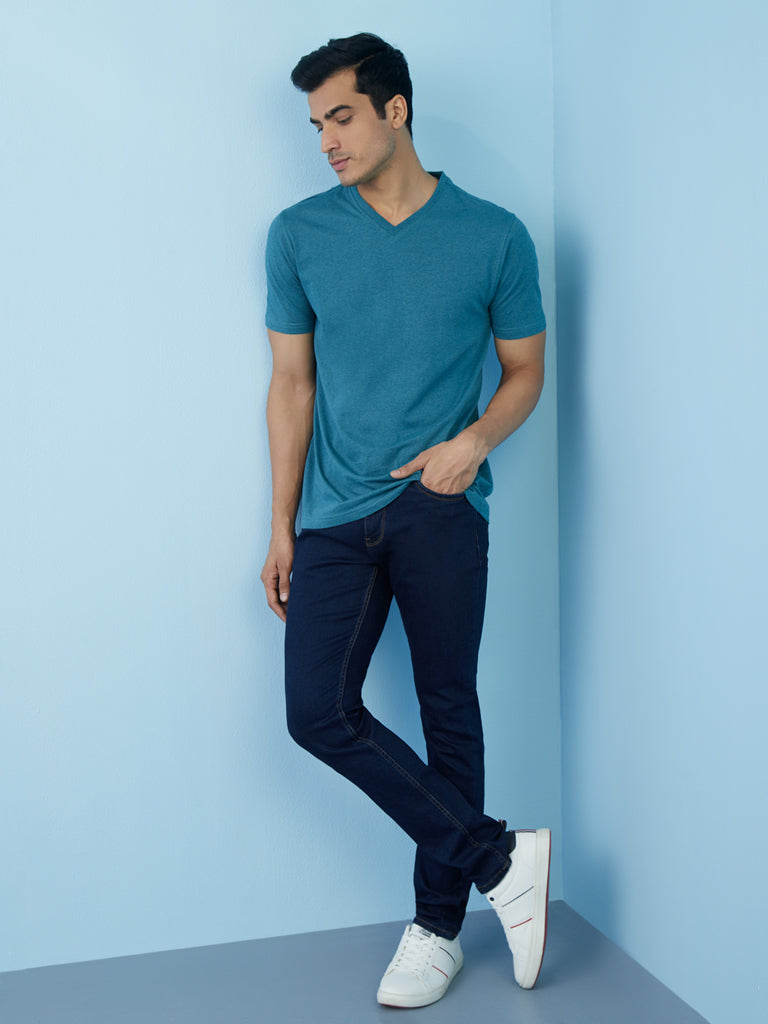 WES Casuals Teal Melange Slim-Fit T-Shirt | Teal Melange Slim-Fit T-Shirt for Men Full View - Westside